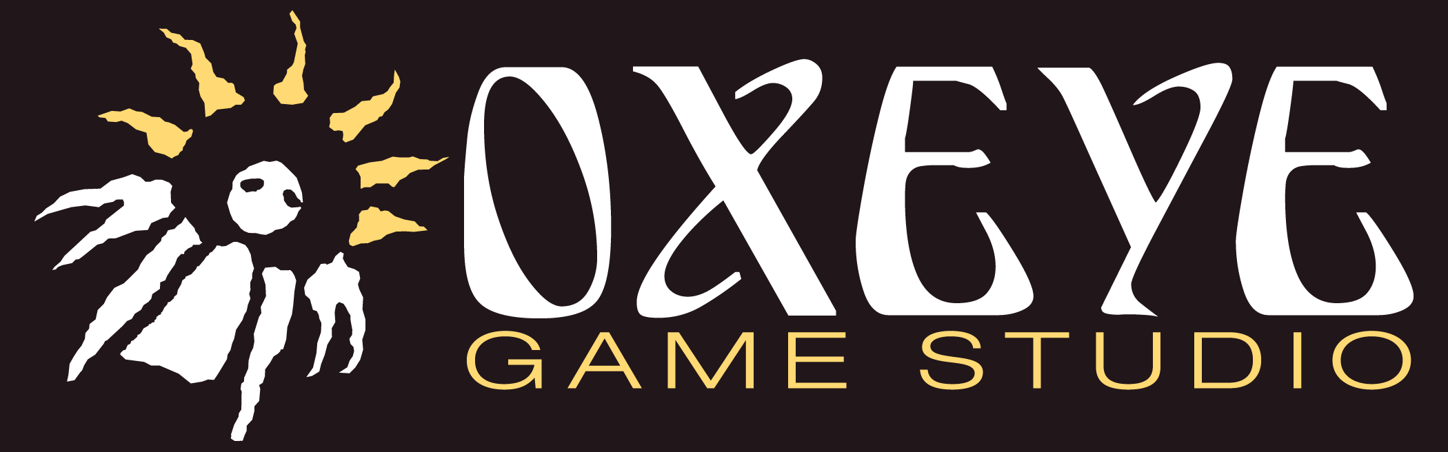 A simplified drawing of a daisy with what seems to be eyes in the pistil. To its right are the words "OXEYE GAME STUDIO", with the "OXEYE" being larger than the "GAME STUDIO". It is overlaid on a deep brown, nearly black background