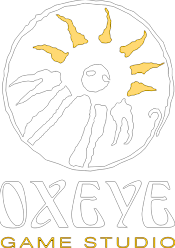 A simplified drawing of a daisy with what seems to be eyes in the pistil. At the bottom is the words "OXEYE GAME STUDIO", with the "OXEYE" being larger than the "GAME STUDIO".